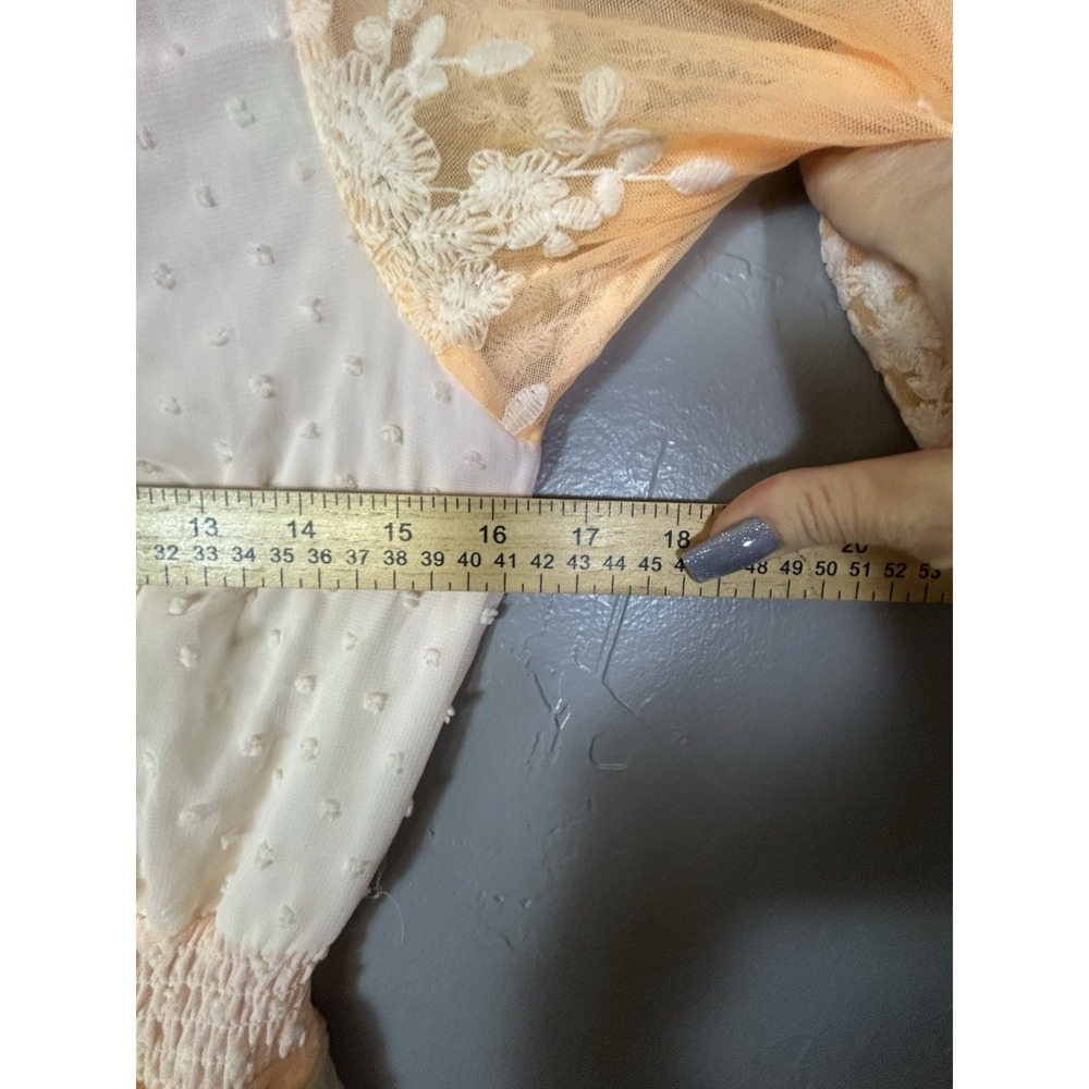 Yellow Pink Maxi Dress Polka Dots Floral Lace Smocked Waist Flutter Sleeve Small - Picture 9 of 10